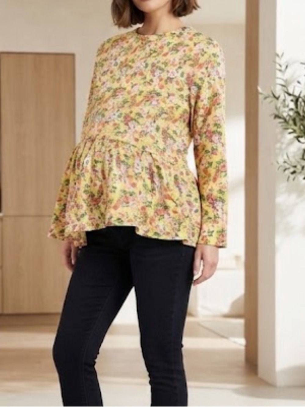 ASOS MATERNITY Retro Floral Top Asymmetrical Ruffle Peplum Long Sleeve Size 2